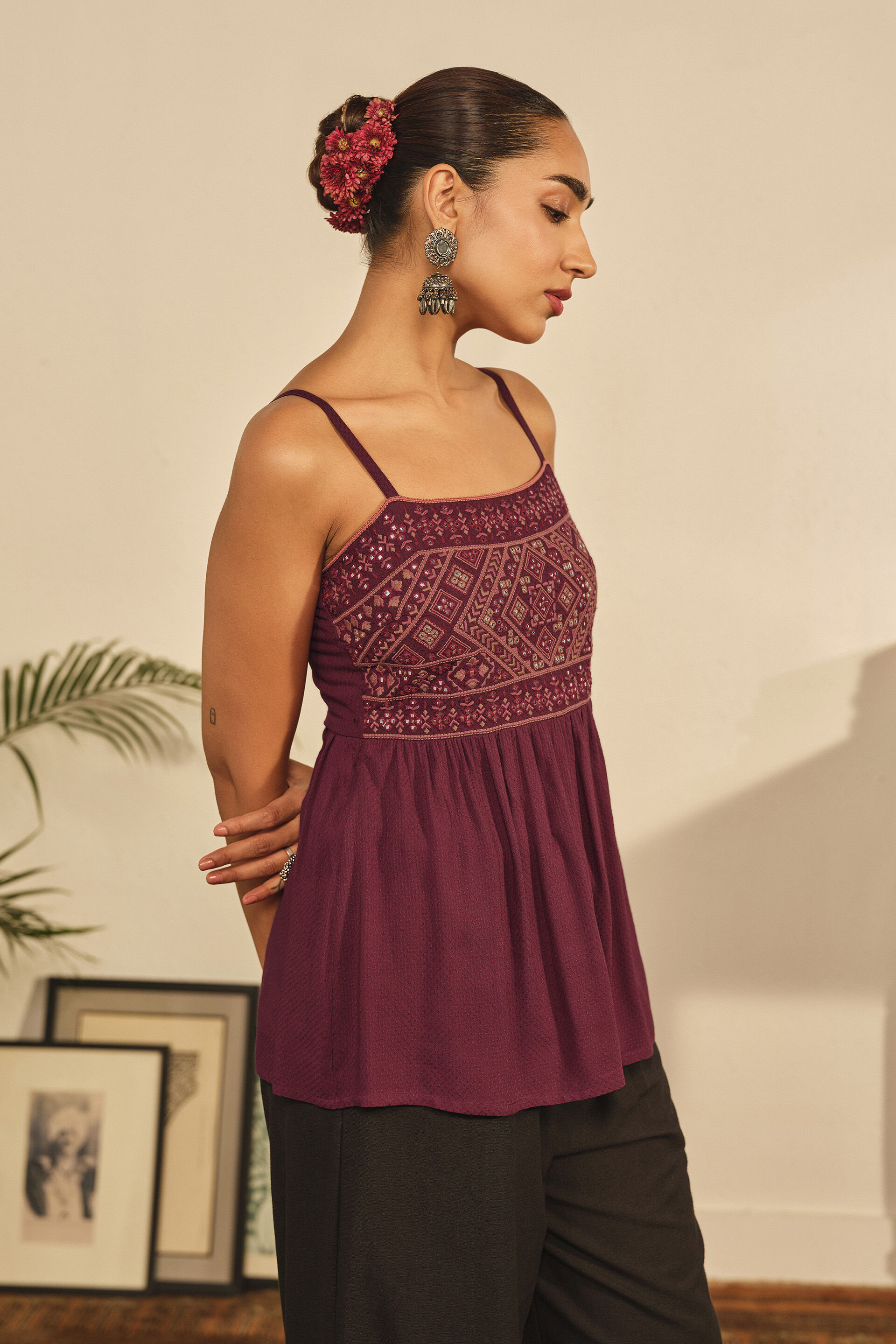 Embroidered Strappy Peplum Top in Wine, Wine, image 5
